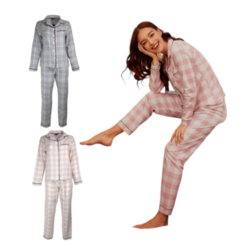 Juego de pijamas para damas talla grande ropa de noche algodón a cuadros rosa y blanco cordón M11 - Imagen 1 de 12