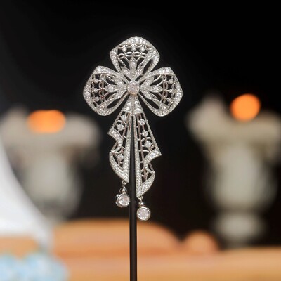 Brosche Blumen Spitze filigran Band CZ weiß Belle Epoque Stil rhodiniert SA11