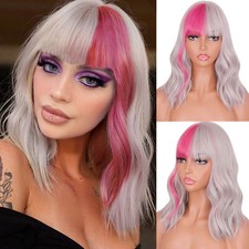 Natural Wave Short Bob Blonde With Pink Fiber Wig With Bangs Fashion Party Cos