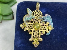 KIRKS Folly Maltese Cross Winged Enamel Dragons Green Crystal Gold Tone RARE