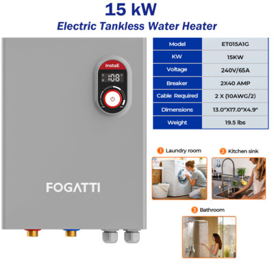 FOGATTI 15kW Tankless Water Heater Electric 240V for the Whole House Shower