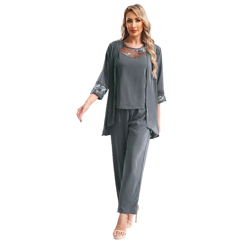 Womens 3 Piece Chiffon Pant Suits Tank Top Cardigan and Pants Evening Outfits - Picture 75 of 95