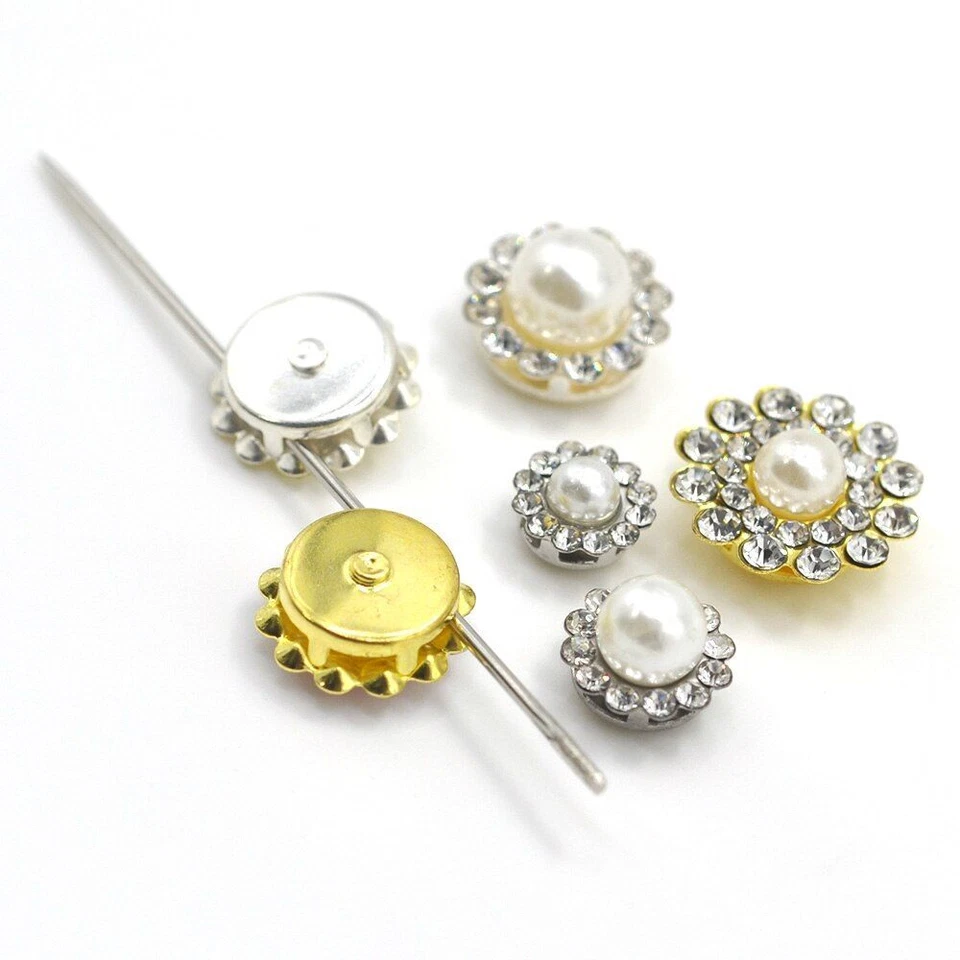Glitter Crystal Pearl Button 20pcs Flat Back Flower Rhinestone Buttons Dress Kit - Image 4 of 4