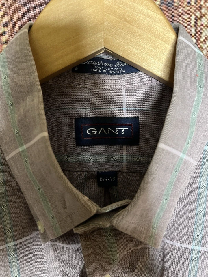 Camisa de vestir de manga larga gris a cuadros con botones Gant para hombre talla 32-15 1/2 Foto 3 de 3