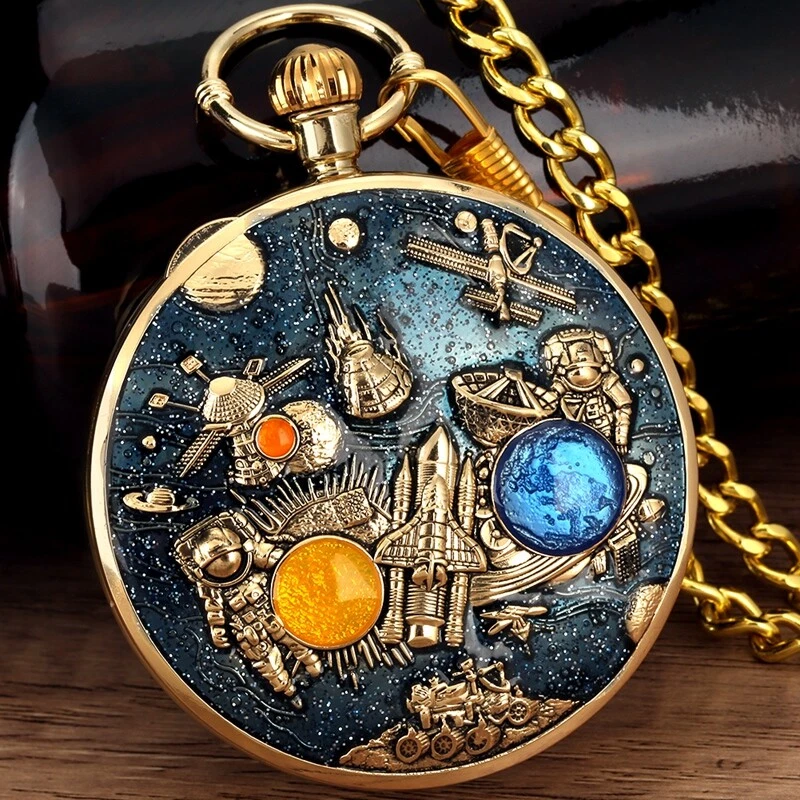 Uncommon Musical Movement Quartz Pocket Watch Space Case Fob Watches with Chain - Image 4 of 4