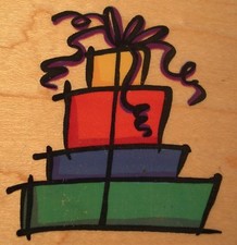 Stampendous Wood Mounted Christmas-Birthday Rubber Stamp- Stacked Gifts-Presents