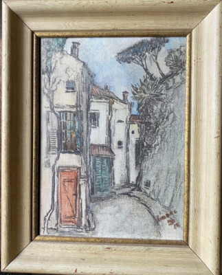 ::OIL PAINTING SIGN. LIME 1959 CITY ALLEY WITH ROCK WALL ON MOUNTAIN AT LAKE GARDA