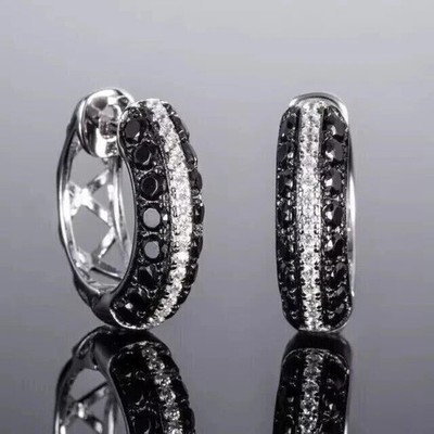 2Ct Lab Created Black Diamond Huggie Hoop Earrings 14K White Gold Plated Silver