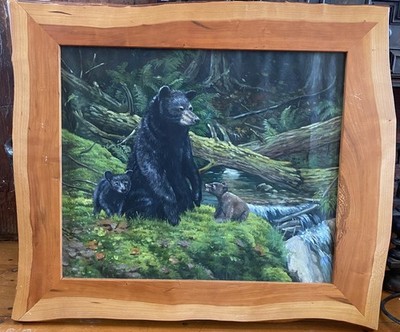 Original Oil Painting Black Bear Cubs Forest Wildlife Lodge  Bear Necessities 