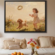 Oil Painting Dog Poodle Canvas Print Floral Artwork Joyful Dog Painting Decor
