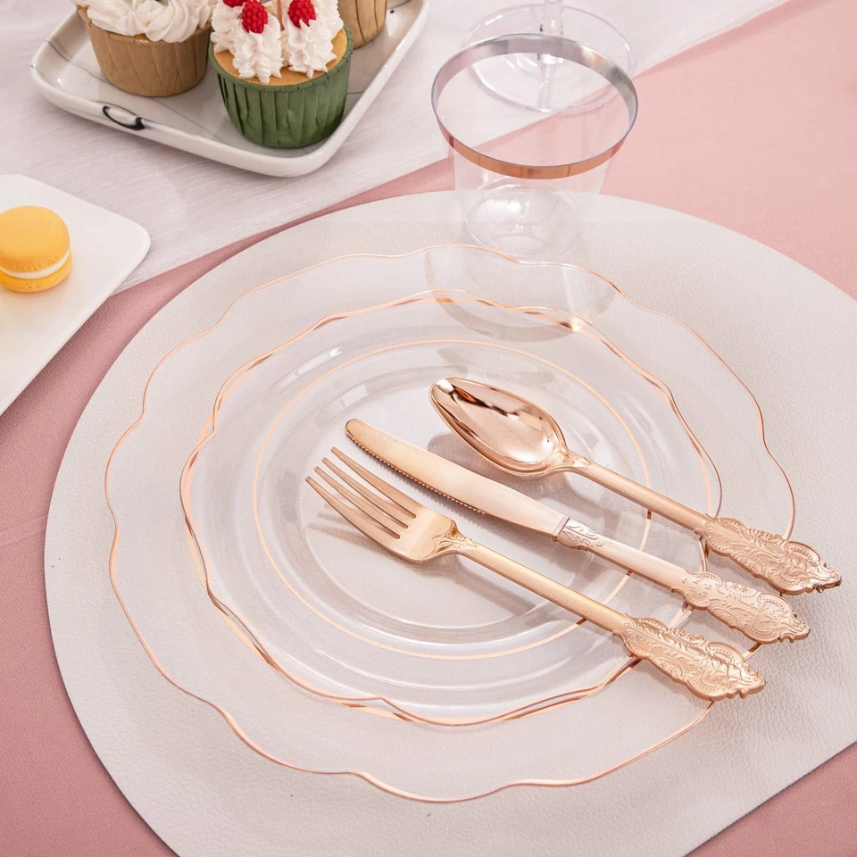 Platos de plástico de oro rosa 350 piezas - Juego de vajilla desechable de oro rosa transparente -... Foto 2 de 4