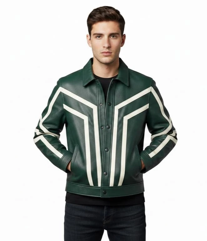 Mens Green Leather Racing Jacket Motorcycle Cafe Racer Vintage Custom Style image 1