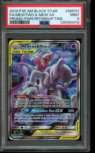 PSA 9 MINT Pokemon Mewtwo & Mew GX Sun and Moon Black Star Promo Holo SM191