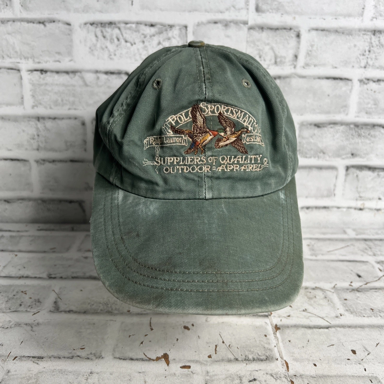 Vintage Polo Ralph Lauren POLO SPORTSMAN Long Bill Brown Ducks Fitted Hat Cap L
