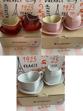 LE CREUSET CERISE RED WHITE CHIFFON PINK HEART MUGS CUPS W SAUCERS SET OF 2 RARE