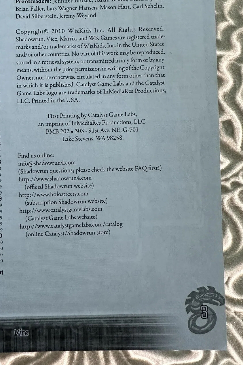 Vice Shadowrun Crime Sourcebook Catalyst 26203 Softcover 2010 NM/EUC
