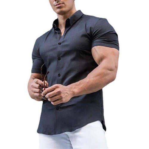 Mens Button Down Short Sleeve Solid Shirts Casual Muscle Slim Fit Tops Tee Shirt - Picture 11 of 19