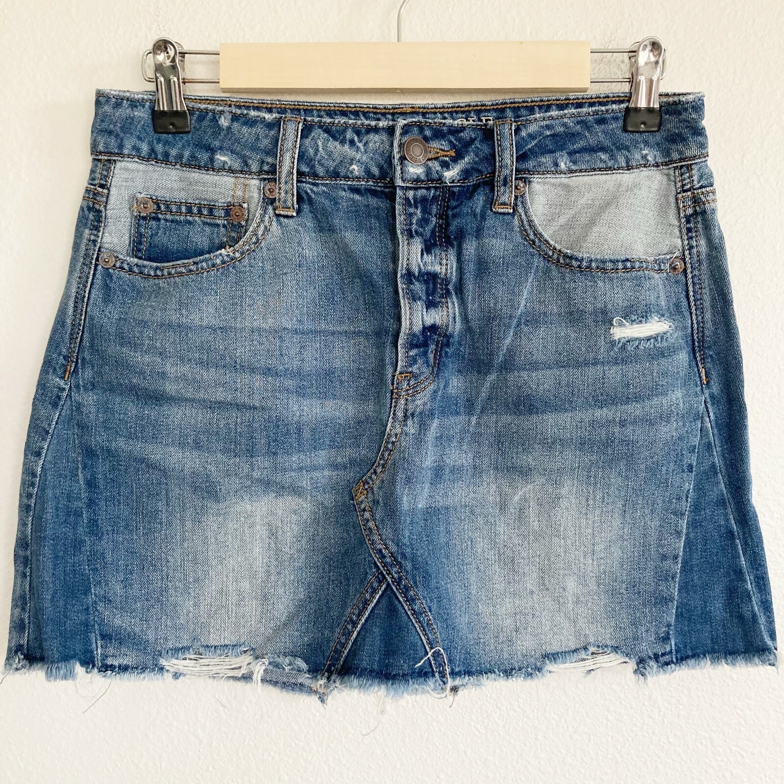 American Eagle Jean Skirt Womens Blue Mini Distressed Denim Cut