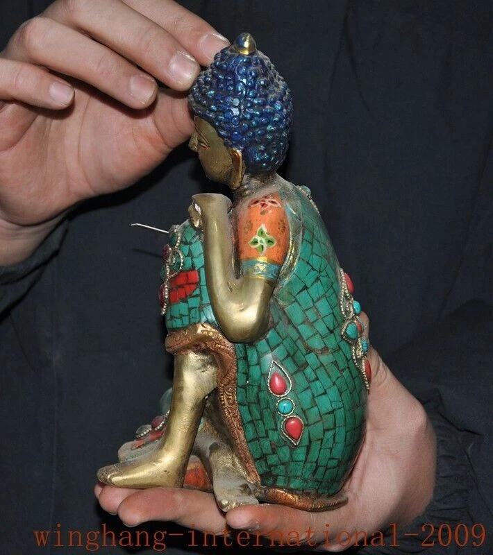 8" Budismo Tibetano Cobre Dorado Incrustación Turquesa Gema Dormitorio Buda Estatua Foto 3 de 4
