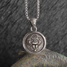 Scarab Medallion  Necklace Jewelry Gothic Silvery Ancient Egypt Pendant