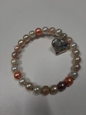 Blush Faux Pearl Beaded Bracelet Heart Metak Silver Tone Charm Adjustable