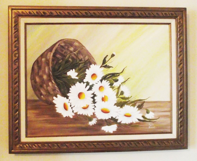 ORIGINAL OIL PAINTING ALYCE DINGEL DAISY BASKET SIGNED BROWN CARVED WOOD FRAME
