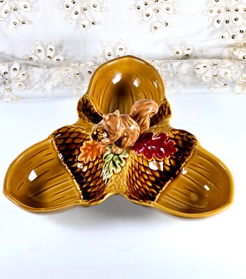 Cute! Squirrel on 3 Part Ceramic Candy/Nut Serving Dish by Harvest 9.5''D