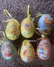 Vintage Decoupage Easter Egg Ornaments Lot of 6 Paper Mache Bunnies Chicks 2  