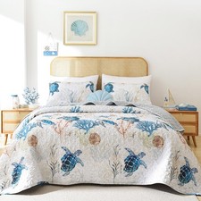 Coastal Quilt Set Queen Size - Sea Turtle Ocean Print Lightweight Soft Microf...