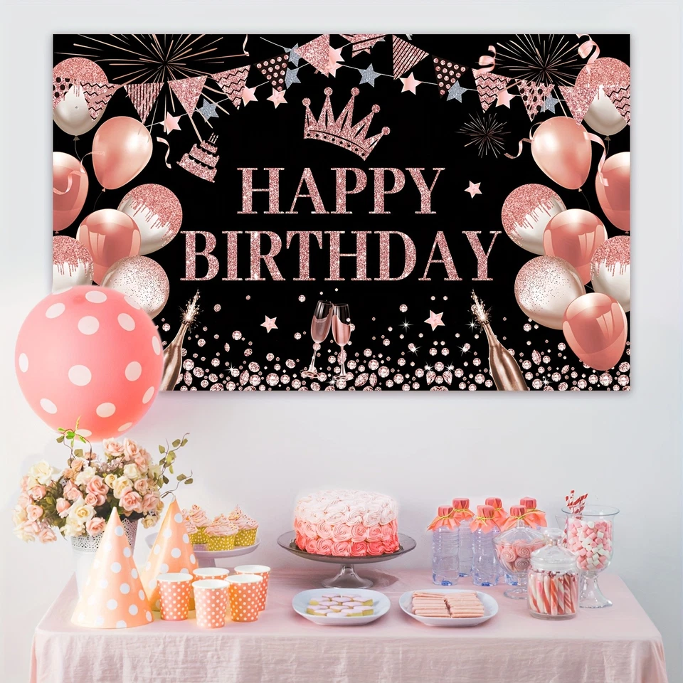Rose Gold Birthday Party Backdrop Rose Gold Glitter Balloons Happy Birthday! - Image 3 of 4