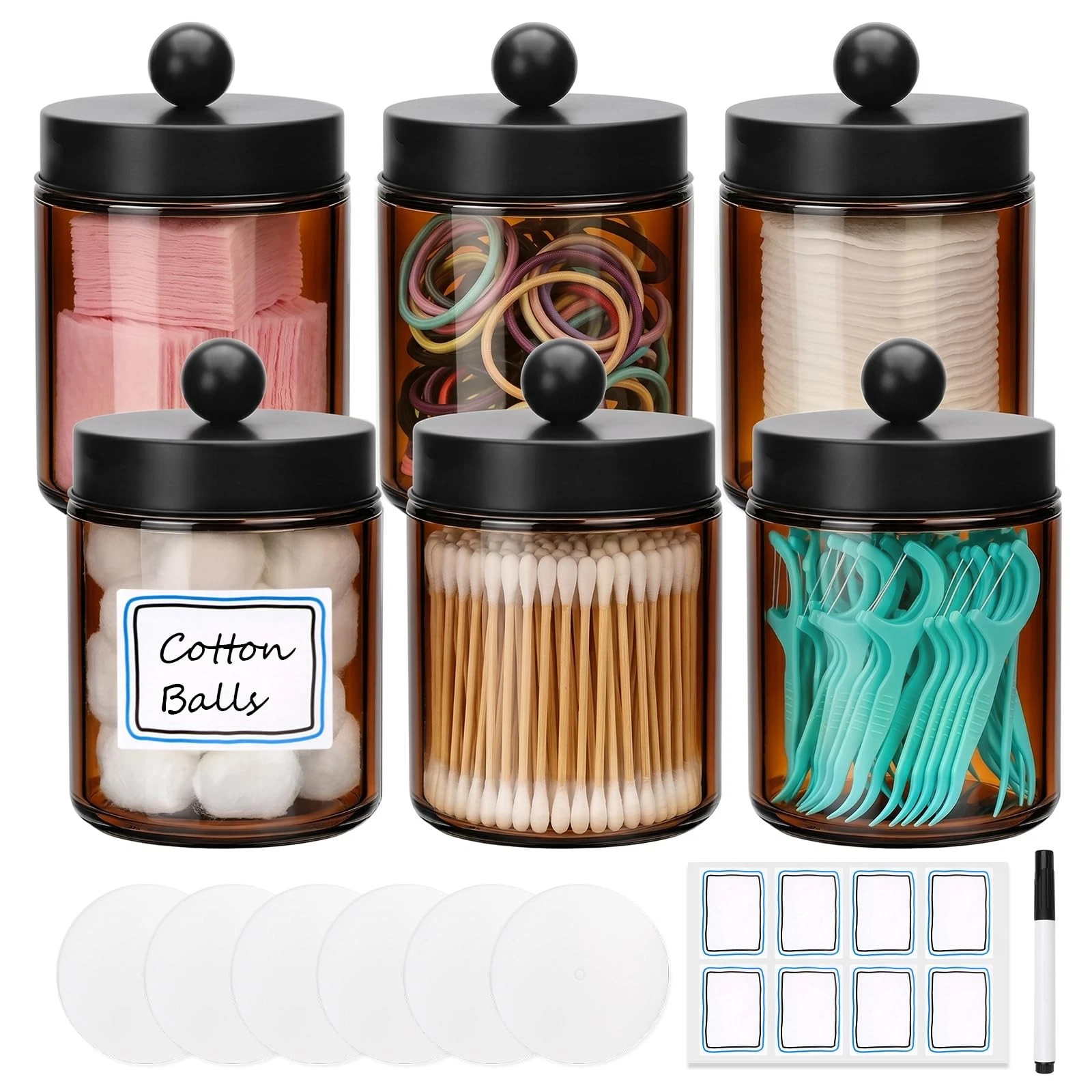 Amber Apothecary Jars Bathroom Vanity Storage Organizer Set, 6 Pack with Blac...