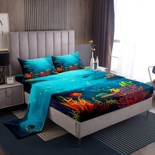 World Bedding Set,3D Sea Turtle Tropical Fish Coral Bed Set for Boys Girls Ad...