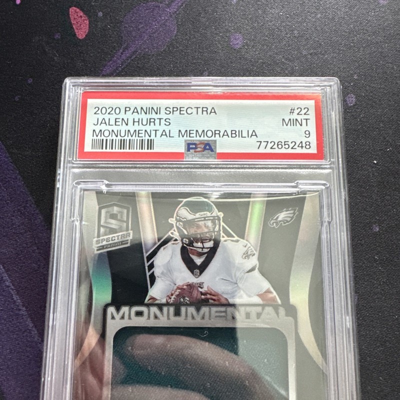 2020 JALEN HURTS SPECTRA MONUMENTAL MEMORABILIA #22 SSP RC #90/99 PSA 9