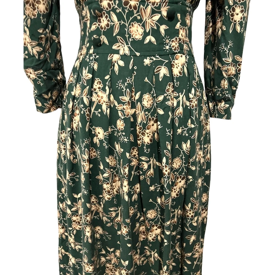 Vintage L.G. Star Green Floral Midi Dress Collar Pleated Shoulders Women’s Sz 8 - Image 3 of 4