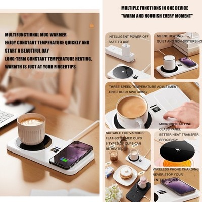 Multifunction Cup Warmer With Wireless Chargers 3 Heat Modes Safe Heating Pad