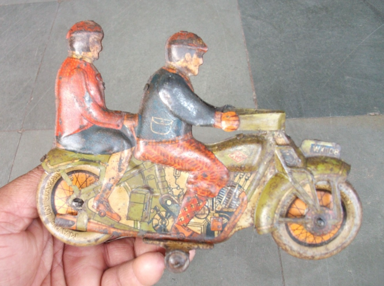 Rare Pre-War Vintage Wind Up MT Mark WX1108 Litho Motorcycle Tin Toy , Japan