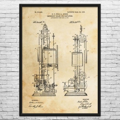 Elevator Emergency Brake Patent Wall Art: Mechanical Wall Art, Industrial Decor