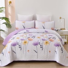 Floral Quilt Set Size,Bedspread Coverlet Botanical 3 Pieces Cute Queen Purple
