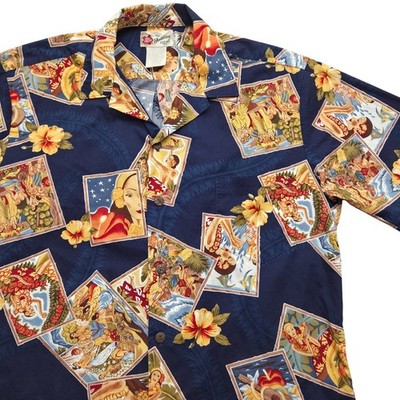 VTG Hilo Hattie The Hawaiian Original Shirt Postcard Print Blue Men Large