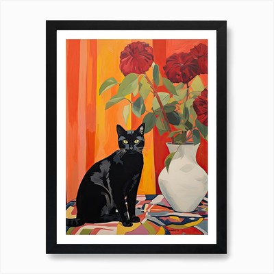 Columbine Blumenvase und eine Katze, ein gerahmtes Wandbild Poster Leinwanddruck Bild