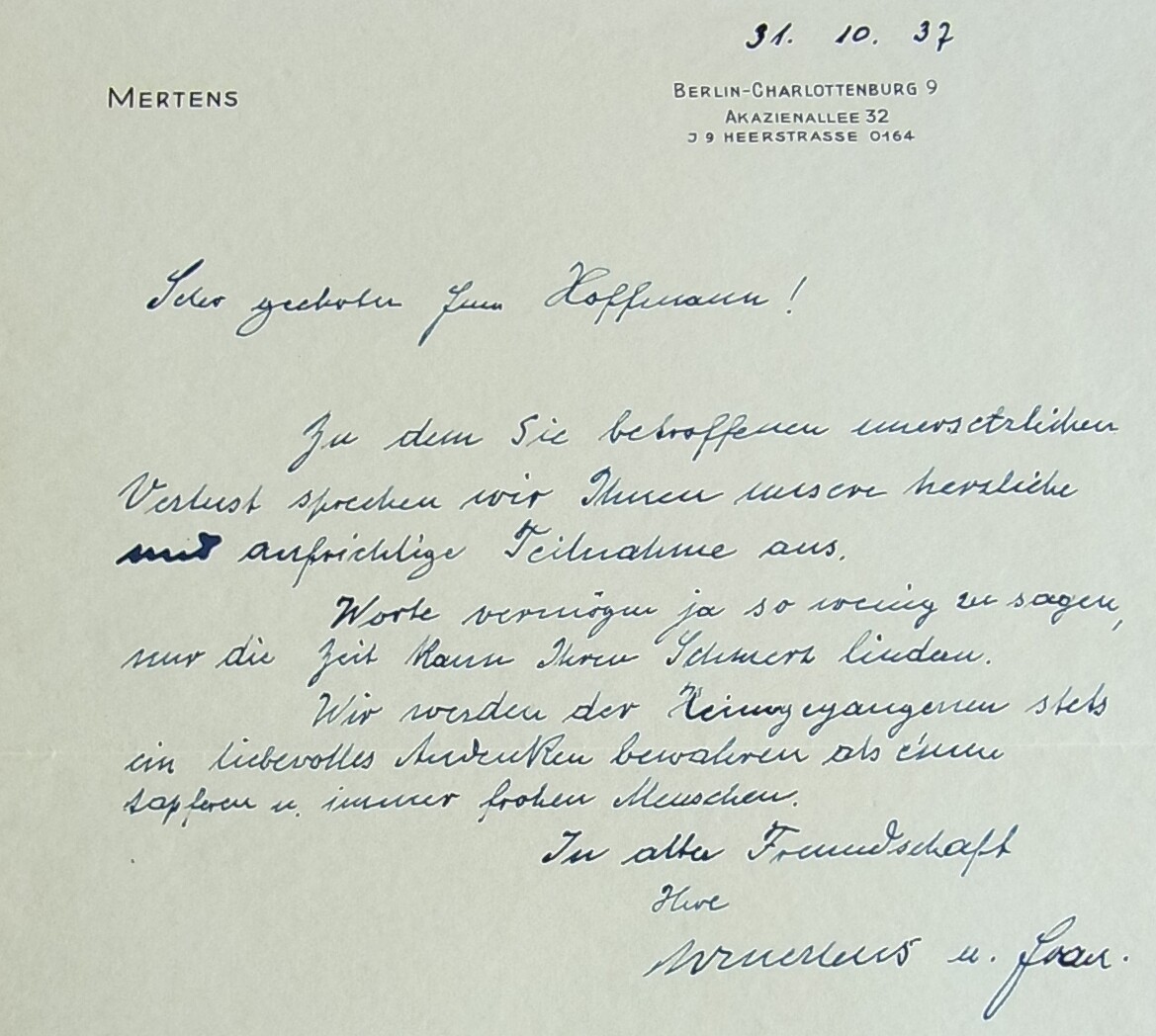 Beileidsbrief BERLIN 1937 vom Direktor der Deka Pneumatik G.m.b.H. (W. MERTENS)