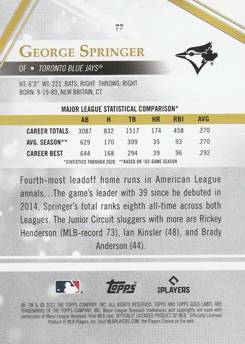 2021 Topps Gold Label Class 2 George Springer #77 - Picture 2 of 2