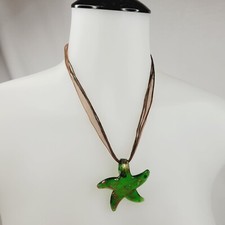 Green Star Art Glass Pendant Brown Ribbon Corded Necklace Gold Swirl Starfish
