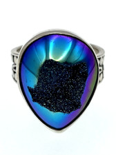 Sterling Silver 925 blue Drusy Quartz 0.7-inch 7 gram Statement Ring Size 6.75