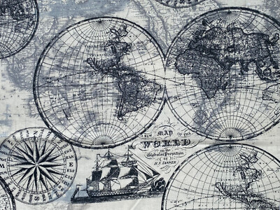 RARE & OOP David Textiles Designer Lula Bijoux SHIP MAP OF THE WORLD 100% Cotton