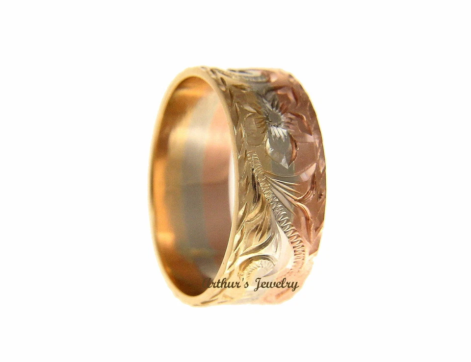 14K YELLOW WHITE ROSE TRICOLOR GOLD ENGRAVED HAWAIIAN PLUMERIA SCROLL 8MM RING - Image 2 of 4