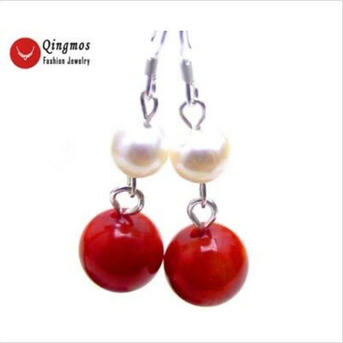 Pendientes colgantes redondos de perla blanca de 6-7 mm para mujer con pendientes de coral rojo natural - Imagen 11 de 12