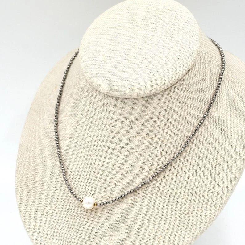 Collares gargantilla cuentas redondas facetadas de hematita y peral de plata de 2-3 mm 18"" Foto 2 de 4