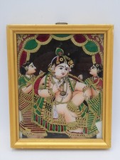 TANJORE KRISHNA REVERSE GLASS EASTERN PAINTING SCENE VINTAGE INDIAN FOLK ART