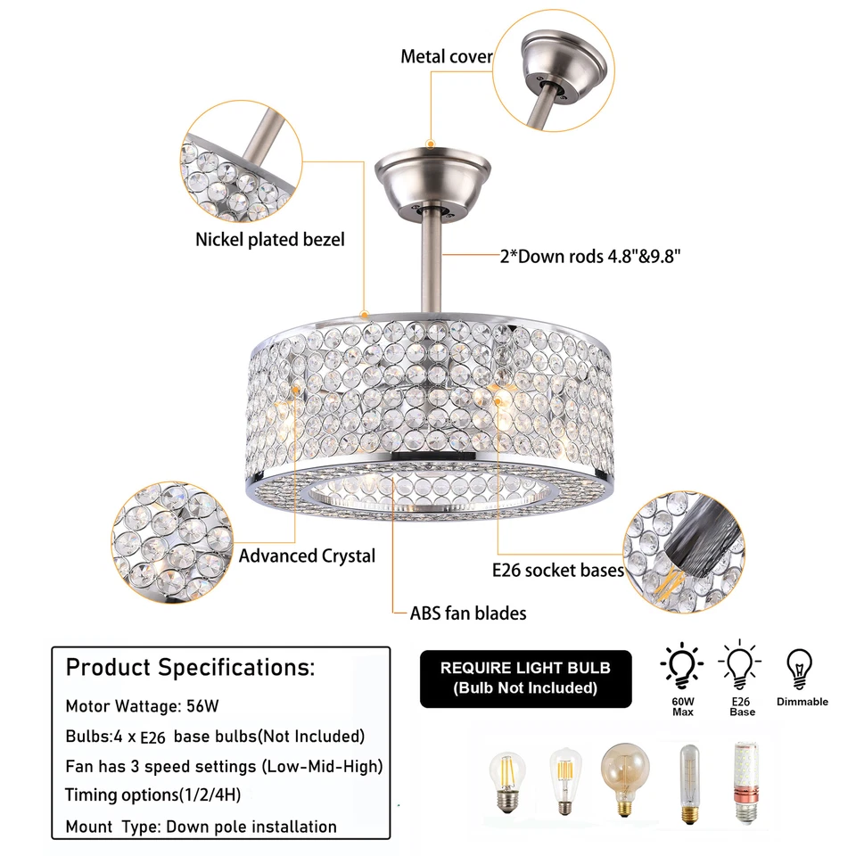 18" Crystal Invisible Caged Ceiling Fan Light LED Chandelier w/ 4-Bulbs & Remote - Image 2 of 4